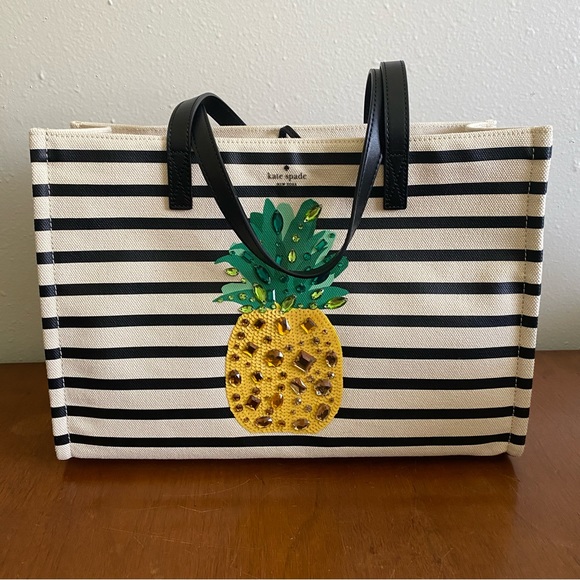 KATE SPADE Pineapple Stripe Canvas Mega Sam Tote bag & Wristlet, NWT & GIFT BOX! - Picture 2 of 7